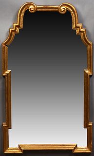 French Style Gilt Overmantel Mirror, 20th c., the scrolled top over stepped breakfront sides and a breakfront base. H.- 42 in., W.- 25 in., D.- 2 in.