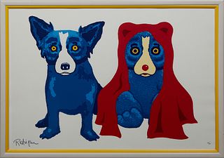 George Rodrigue (1944-2013, Louisiana), "Bear with Me," c. 1995, silkscreen print, editioned 20/50 in silver sharpie lower right, signed in silver sha