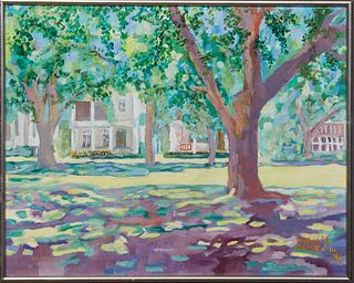 Natalie Cambon (20th c., Louisiana), "Audubon Park," 1991, oil on canvas, signed and dated lower right, presented in a silvered frame, H.- 15 3/4 in.,