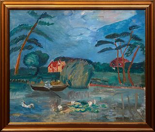 Hazel Guggenheim McKinley (1903-1995, American/Louisiana) "Lily Pond," 20th c., oil on canvas, unsigned, artist name and title in pencil on stretcher 