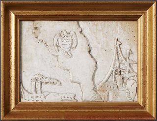 Angela Gregory (1903-1990, Louisiana),"Mississippi River Motifs," relief plaster plaque, presented in a gilt frame, H.- 4 1/8 in., W.- 6 in., D.- 3/8 