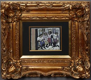Emerson Bell (1932-2006, Louisiana), "Four Women Dancers," 20th c., acrylic on cloth, unsigned, presented in a gilt frame, H.- 7 1/2 in., W.- 10 in., 