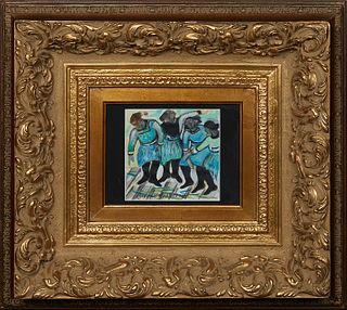 Emerson Bell (1932-2006, Louisiana), "Four Dancers," 1994, oil and charcoal on paper, signed and dated lower left, presented in a gilt frame, H.- 6 1/