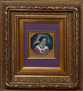 Emerson Bell (1932-2006, Louisiana), "Portrait of a Woman," 20th c., oil on paper, initialed in middle, presented in a gilt frame, H.- 5 1/4 in., W.- 