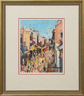 Alan Flattmann (1946-, New Orleans), "Mardi Gras on Royal Street," 21st c., watercolor on paper, signed lower right, presented in a gilt frame, H.- 10