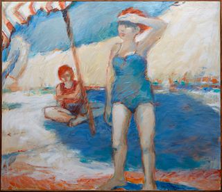 Ruth Goliwas (New Orleans), "Girls at the Beach," 20th c., oil on canvas, signed lower left, presented in a wood frame, H.- 47 in., W.- 54 3/8 in., Fr