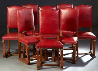 Set of Eight Spanish Renaissance Style Dining Chairs, 20th c., the canted arched high back over a trapezoidal upholstered seat, on cabriole trestle le