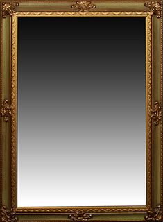 French Style Polychromed Gilt and Gesso Overmantel Mirror, 20th c., the cove molded frame with relief scrolled decoration around a rectangular plate, 