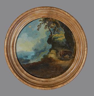 Continental School, "Lion in a Landscape," late 19th c., circular oil on tin, presented in a carved alabaster frame, Painting Diameter- 6 in. Provenan