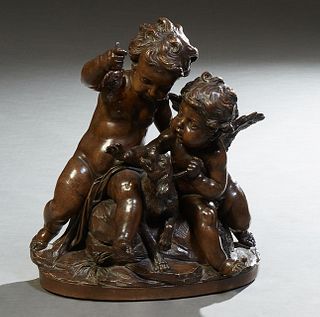 French School, "Playful Putti with Dog and Bird," early 20th c., patinated terracotta figural group of putti, a hunting dog, and a bird, on an integra
