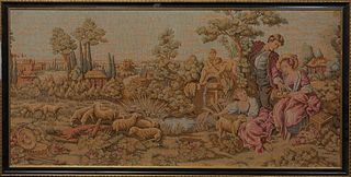 Continental School, "Pastoral Scene," 20th c., framed tapestry, presented in a gilt and black frame, H.- 16 3/4 in., W.- 34 3/4 in., Framed H.- 19 in.