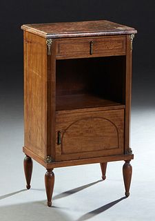French Inlaid Mahogany Ormolu Mounted Marble Top Nightstand, c. 1900, the highly figured stepped rounded edge rouge marble over a frieze drawer, open 