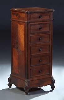 French Carved Walnut Louis XV Style Nightstand, late 19th c., the stepped rounded corner top over a frieze drawer, a faux two drawer marble lined pot 