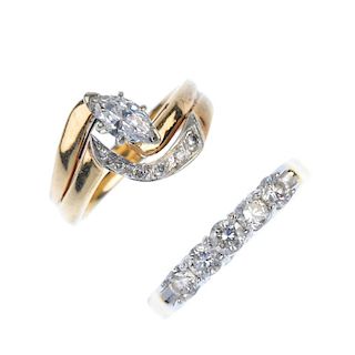 A selection of three diamond rings. To include a marquise-shape diamond ring with diamond curved lin