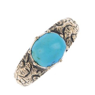 An early to mid 19th century gold turquoise single-stone ring. The oval turquoise cabochon, to the f