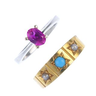 Two gem-set rings. To include a late 19th century 18ct gold turquoise and split pearl dress ring, to