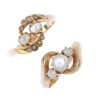 Two early 20th century gold, diamond and split pearl crossover rings. The first designed as a rose-c