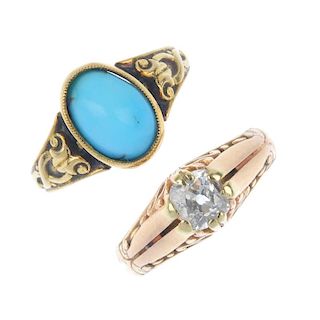 A selection of three early 20th century gold, diamond and gem-set rings. To include an old-cut diamo