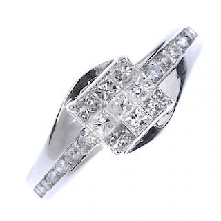 A diamond dress ring. The square-shape diamond panel, to the brilliant-cut diamond line sides. Total