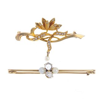 Two split and seed pearl brooches. To include a late 19th century gold seed pearl and rose-cut diamo