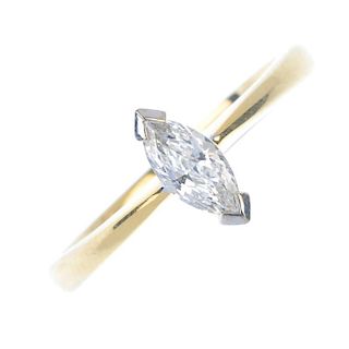 An 18ct gold diamond single-stone ring. The marquise-shape diamond, to the tapered band. Diamond wei