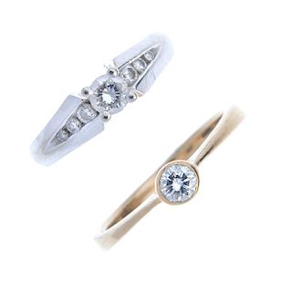 Two diamond single-stone rings. To include a 9ct gold brilliant-cut diamond ring with tapered band,