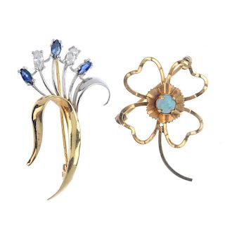 A selection of five gem-set brooches. To include a late 19th century gold coral brooch, an opal four