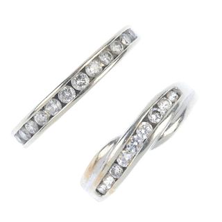 Two diamond and gem-set rings. To include a brilliant-cut diamond half-circle eternity ring, togethe