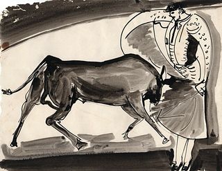 Lot of 10 Achillo Achi Sullo, 'Bullfight scenes' MCM ink drawing, Mexico City, estate stamp.