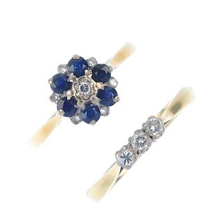 Two 18ct gold diamond and sapphire rings. To include a brilliant-cut diamond three-stone ring, toget