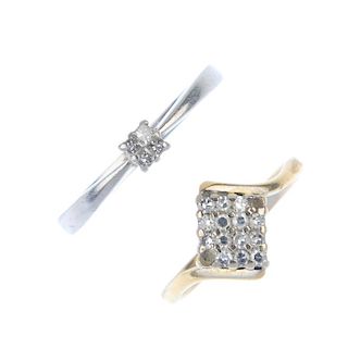 Two diamond dress rings. The first designed as a platinum square-shape diamond quatrefoil to the tap