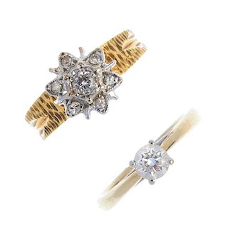 Two gold diamond rings. To include an 18ct gold brilliant-cut diamond cluster ring with grooved shou
