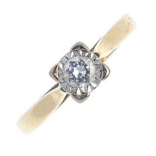 An 18ct gold diamond single-stone ring. The brilliant-cut diamond, within an illusion setting, to th
