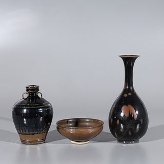 Three Brown & Black Glazed Chinese Porcelain Pieces