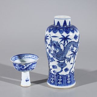 Two Blue and White Chinese Porcelain Pieces w/ Dragons