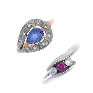 Two diamond and gem-set rings. To include a 9ct gold ruby and diamond three-stone crossover ring, to