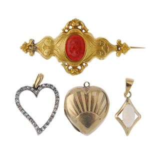 A selection of jewellery. To include a rose-cut diamond heart pendant, a red paste pendant, an opal