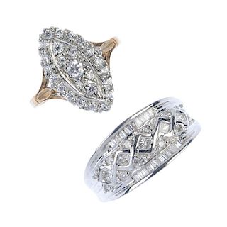 A selection of four 9ct gold rings. To include a vari-cut diamond band ring, a cubic zirconia cluste