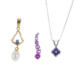 A selection of three pendants and two chains. To include a 9ct gold square-shape amethyst pendant, a