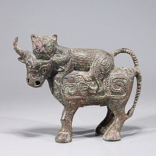 Chinese Archaistic Bronze Bull & Cat Statue