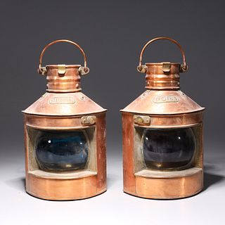 Two Antique Tung Woo Port & Starboard Copper Lanterns