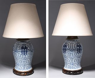 Two Chinese Double Happiness Vases mounted as Lamps