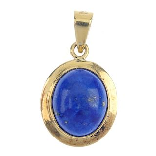 A pair of dyed lapis lazuli earrings and pendant set. The earrings each designed as an oval-shape dy