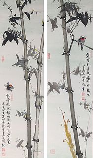 Pair of Chinese Ink & Color on Paper Paintings mounted as Scrolls
