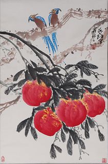 Chinese Bird & Peaches Painting mounted as Scroll