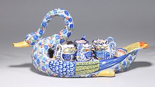 French Quimper Faience Swan Server with Seven Cups