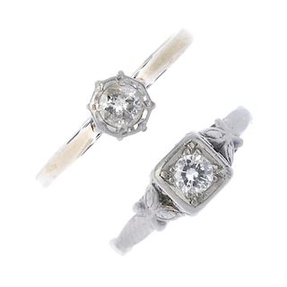 Two diamond single-stone rings. To include a brilliant-cut diamond with square-shape surround and fo