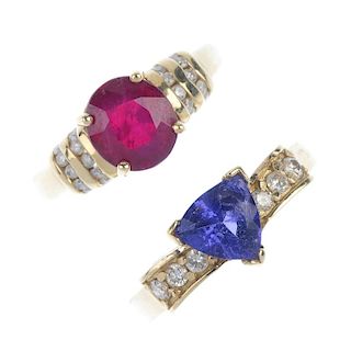 A selection of three diamond and gem-set rings. To include a glass-filled ruby with diamond chevron