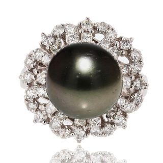 Black South Sea Pearl & Diamond Platinum Ring