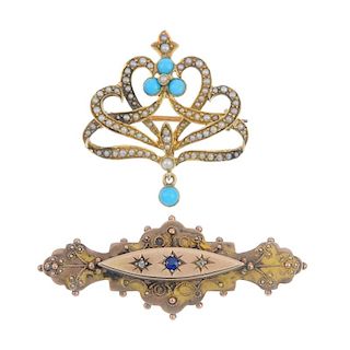 A selection of four early 20th century gold gem-set brooches. To include a turquoise and seed pearl